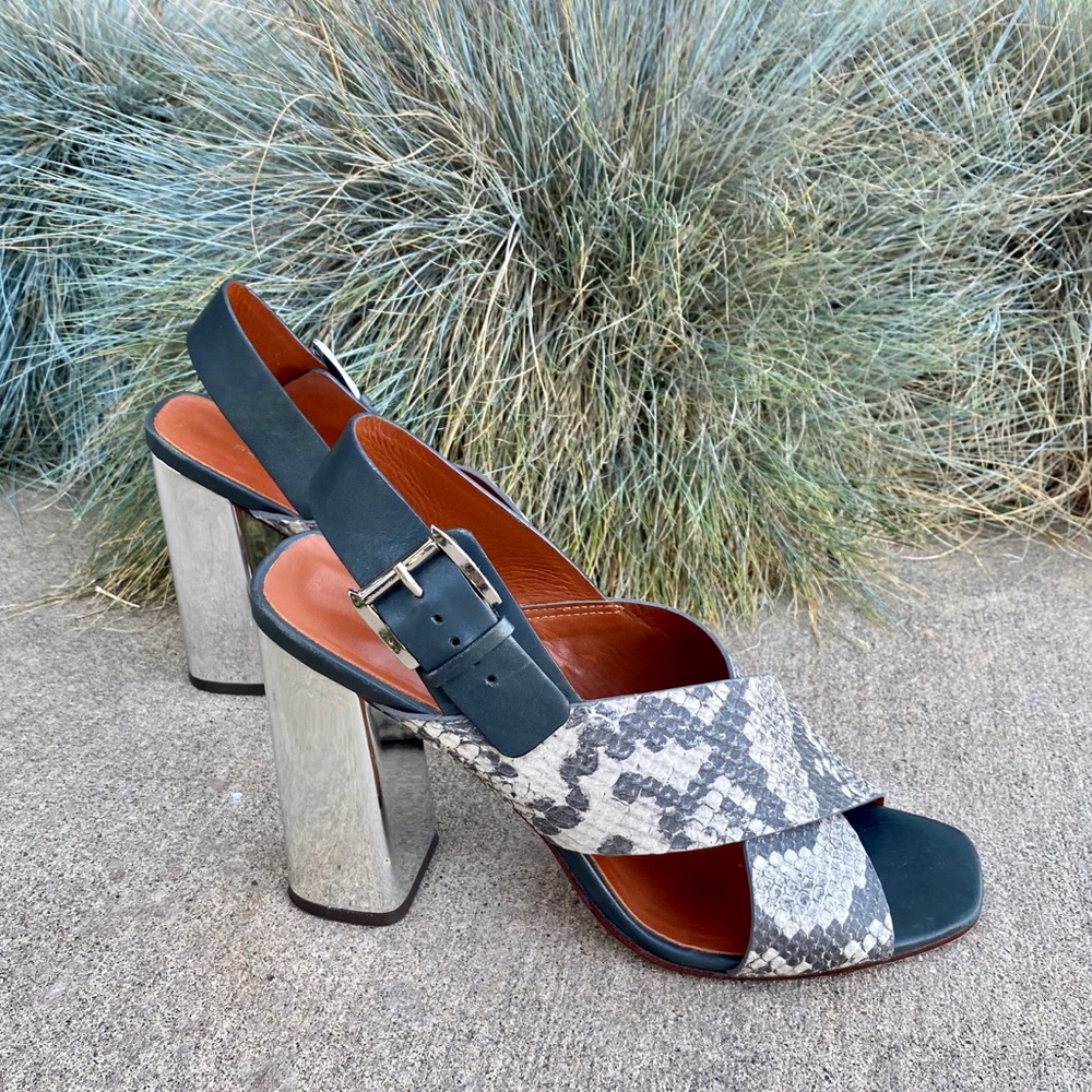Rebecca Minkoff Snakeskin Sandals Stack Heel Leather Tall Open Toe Size 10